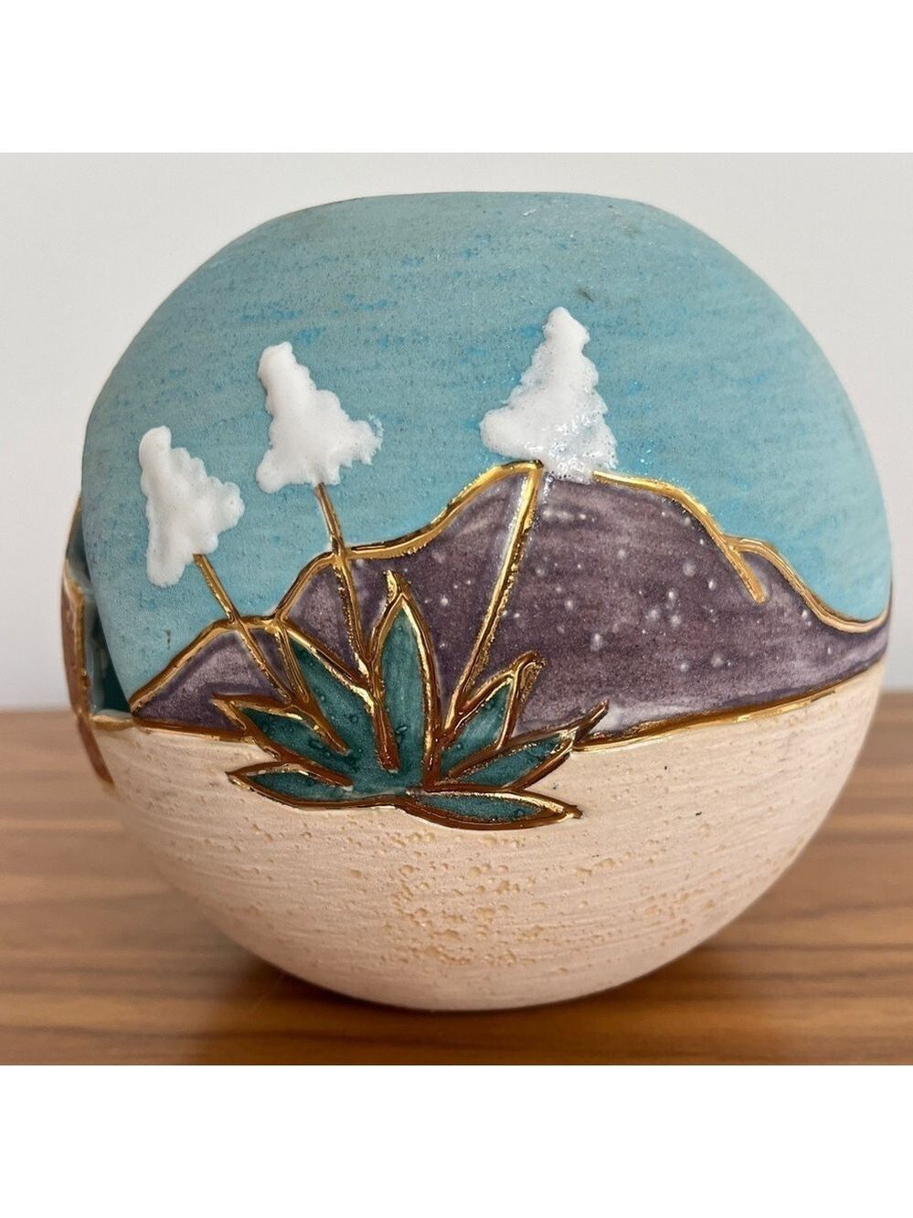 VERA RUSSELL Signed Vase Pottery Southwestern Decor Cut Out 22kt Gold Detail